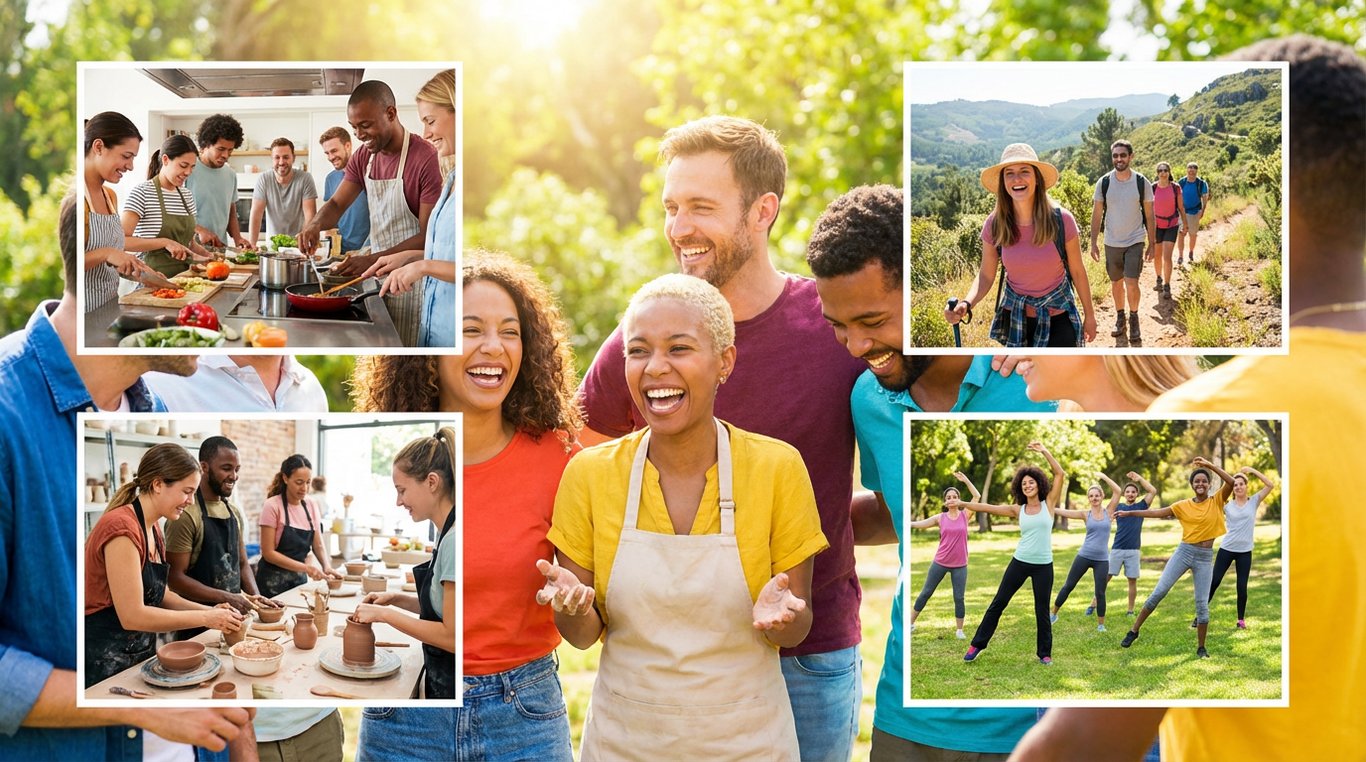 Mosaïque dynamique illustrant des activités de kayak, randonnée et visite culturelle