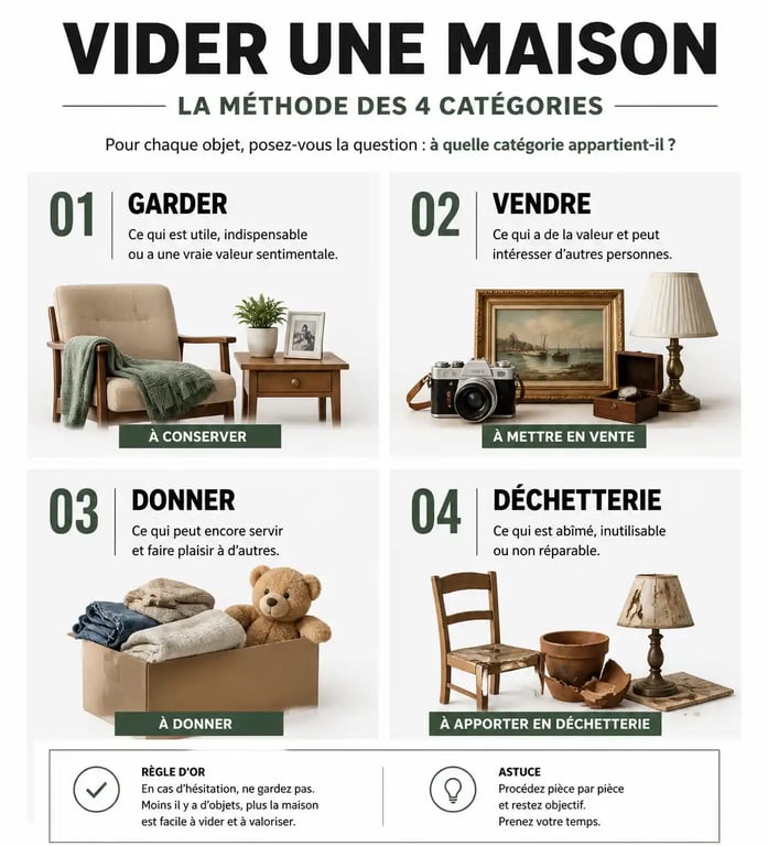 Infographie illustrant la méthode de tri en quatre piles pour vider une maison efficacement