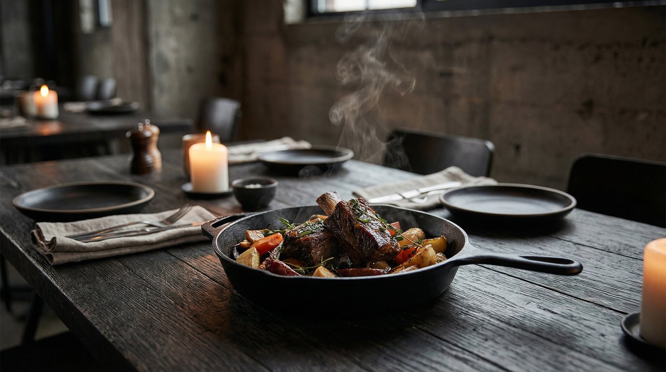 Composition alléchante de plats colorés : salade, frites rustiques et cocktail sophistiqué sur table sombre