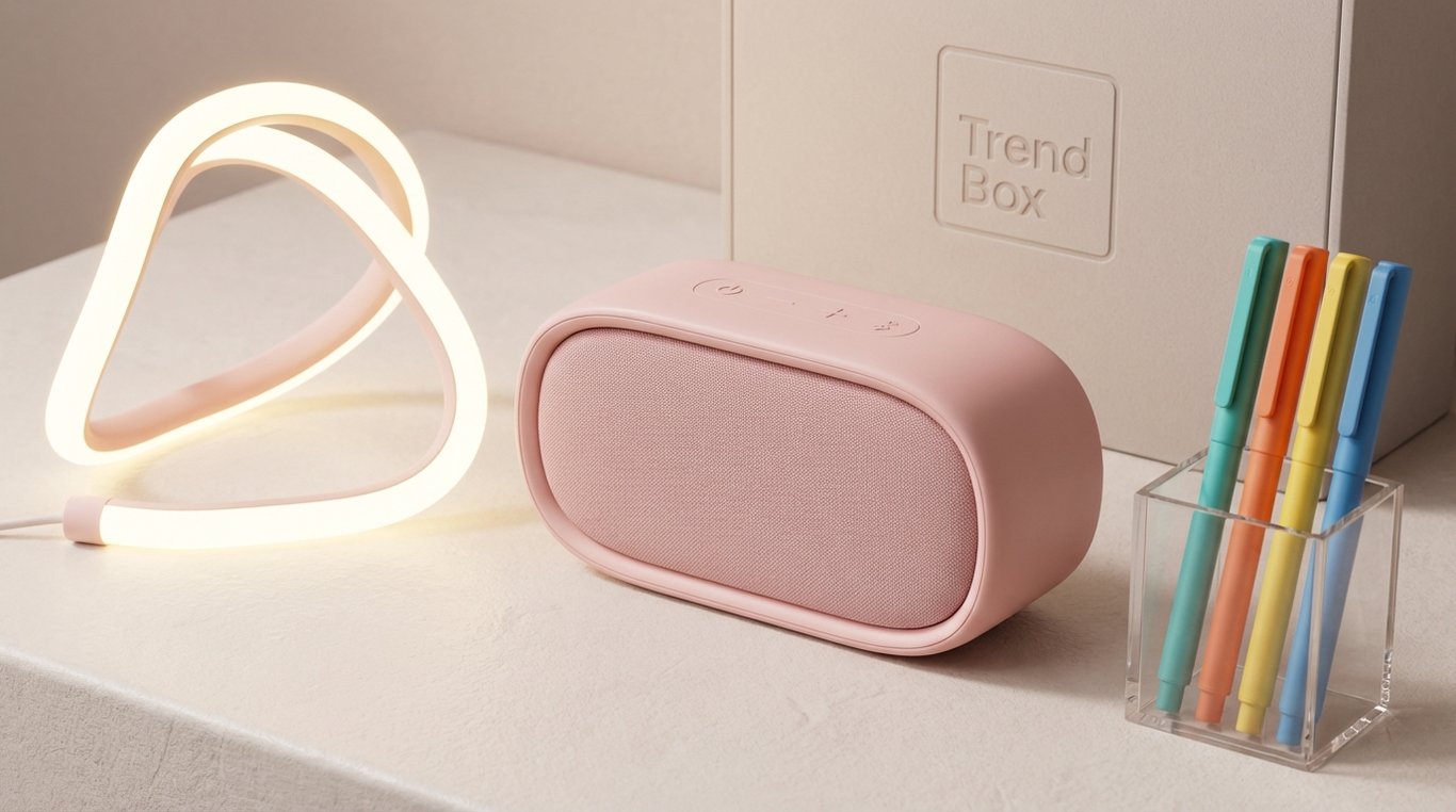 Contenu de la box janvier 2026 : enceinte portable rose, lampe LED design, set de stylos colorés