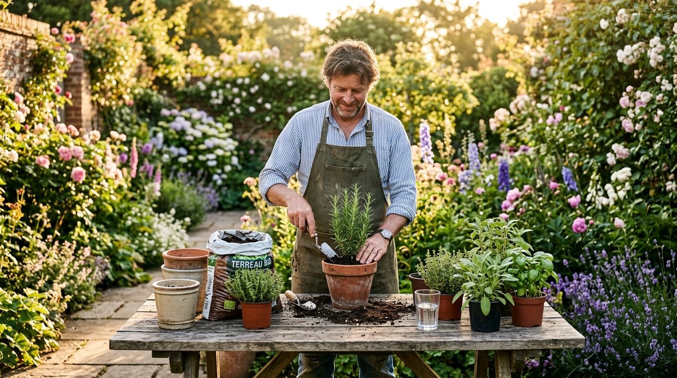 Artisan jardinier portant un tablier vert rempotant une plante dans un jardin lumineux