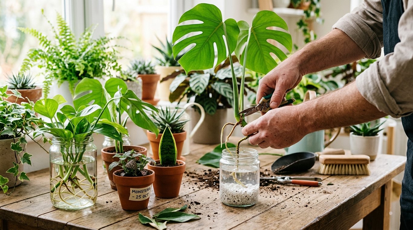 Mains couvertes de terre manipulant délicatement une jeune pousse de plante avec des racines naissantes, ambiance chaleureuse.