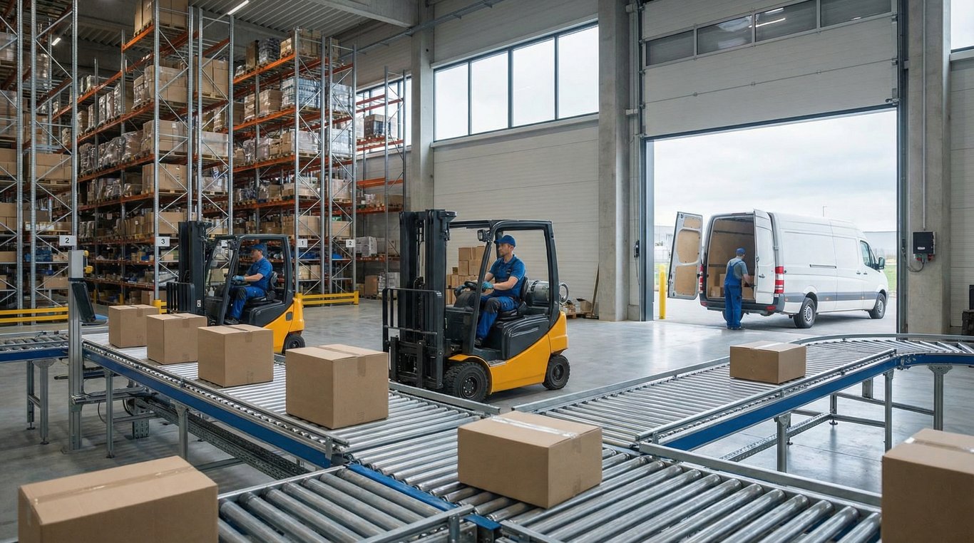Camionnette de livraison bleue moderne chargée de cartons de pièces auto, devant un entrepôt logistique propre et organisé