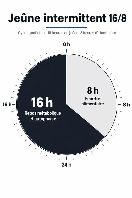 Schéma explicatif du fonctionnement du jeûne intermittent 16/8 pour comprendre comment faire le jeûne intermittent