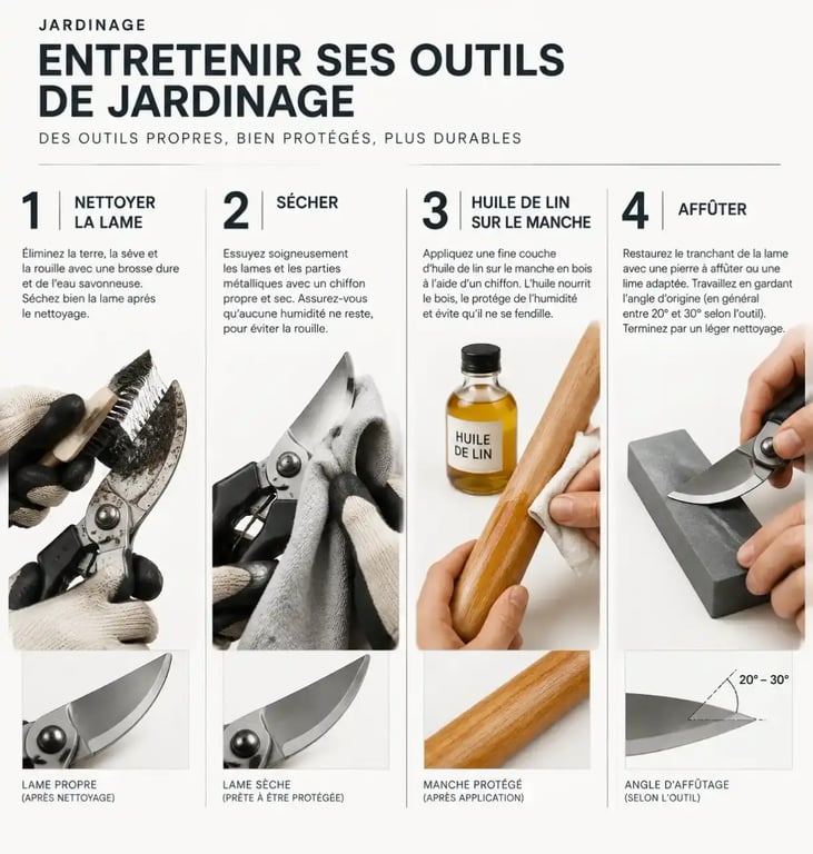 Guide visuel des étapes d'entretien pour prolonger la durée de vie de vos outils de jardinage