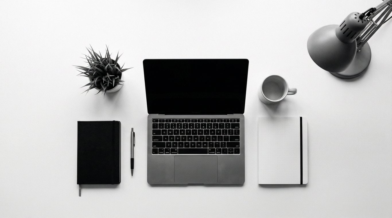 Espace de travail minimaliste vue en plongée, style suisse