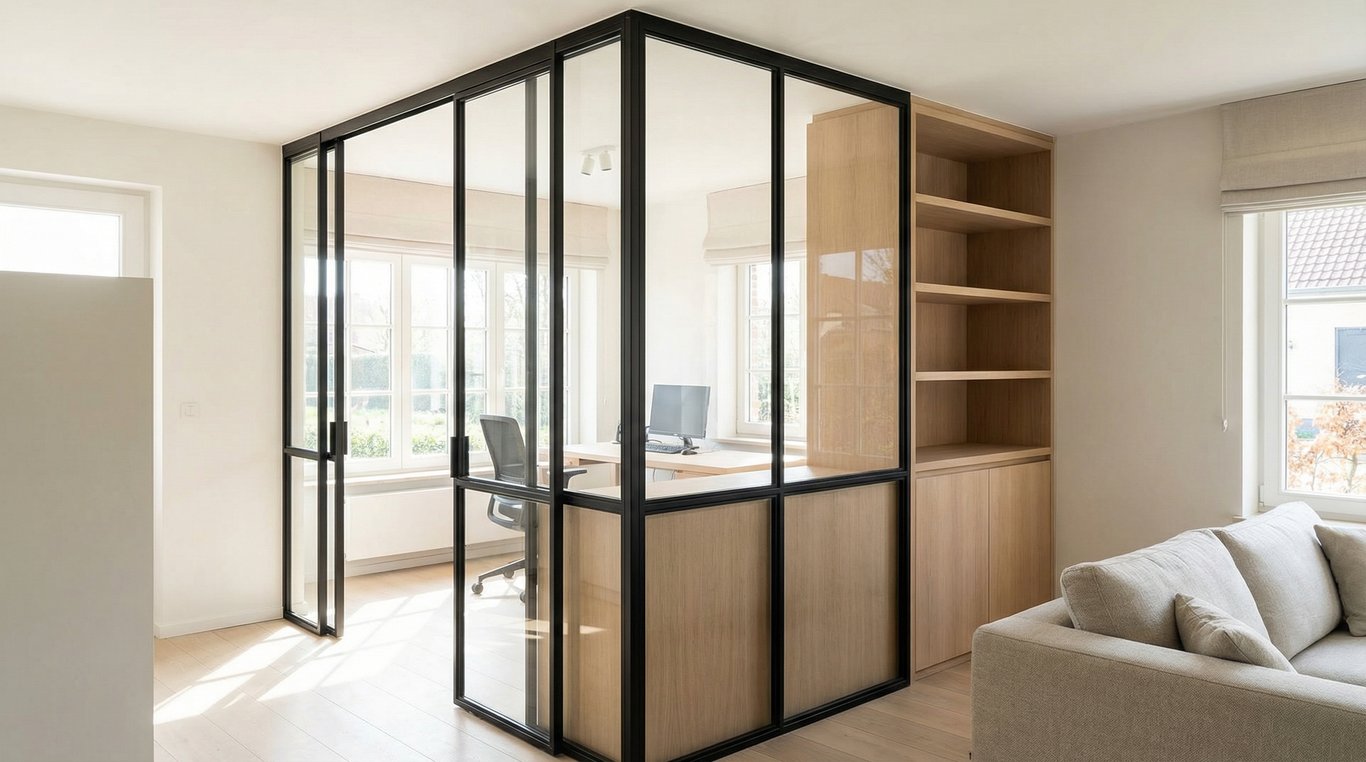 Vue large d’un bow-window lumineux intégré dans un salon contemporain