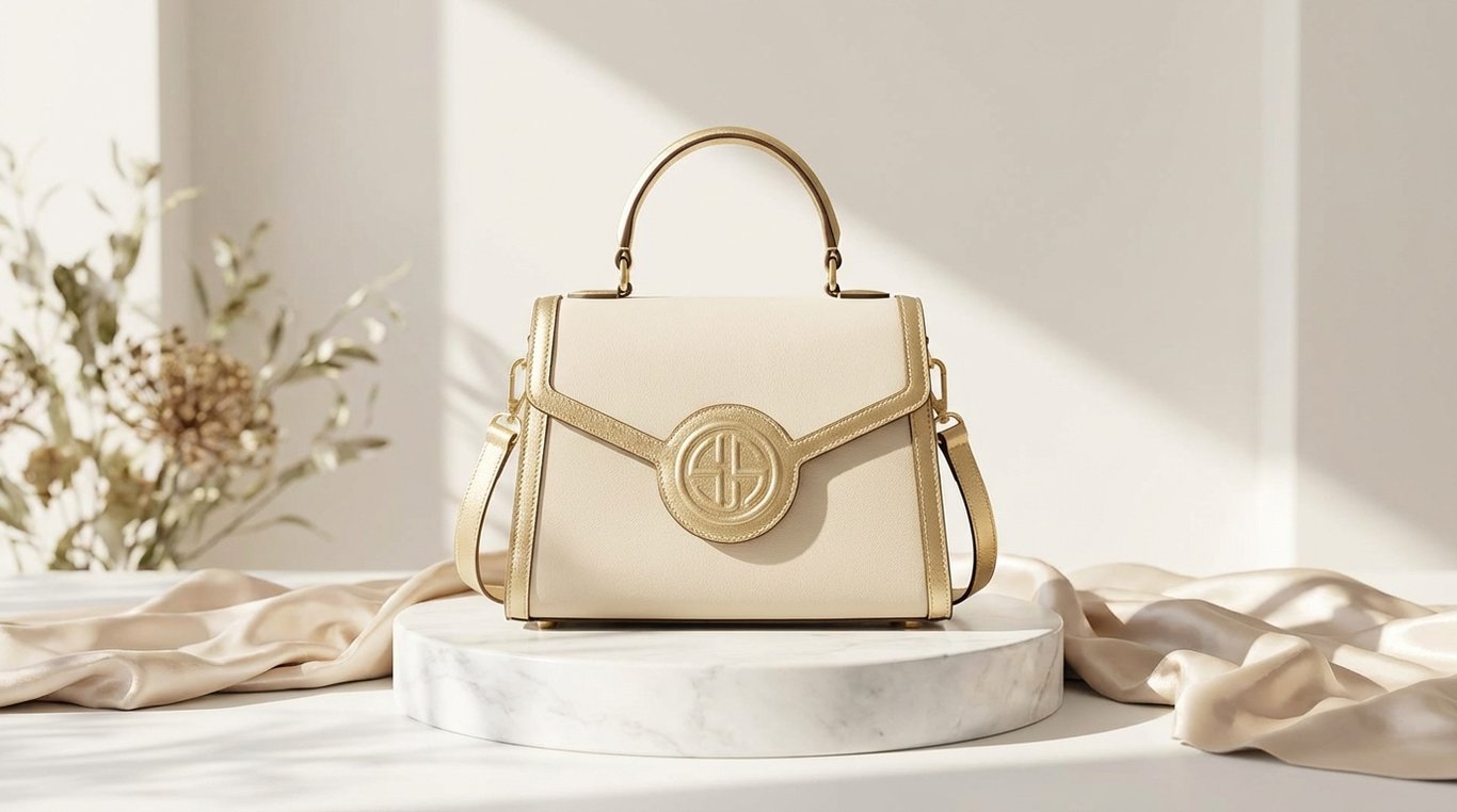 Sac à main en cuir camel texturé sur marbre