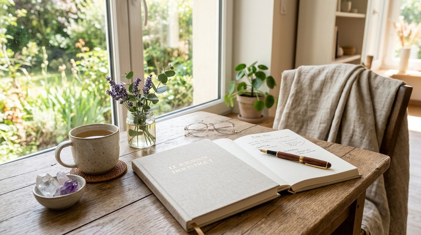 Espace de lecture apaisant avec tisane et journal