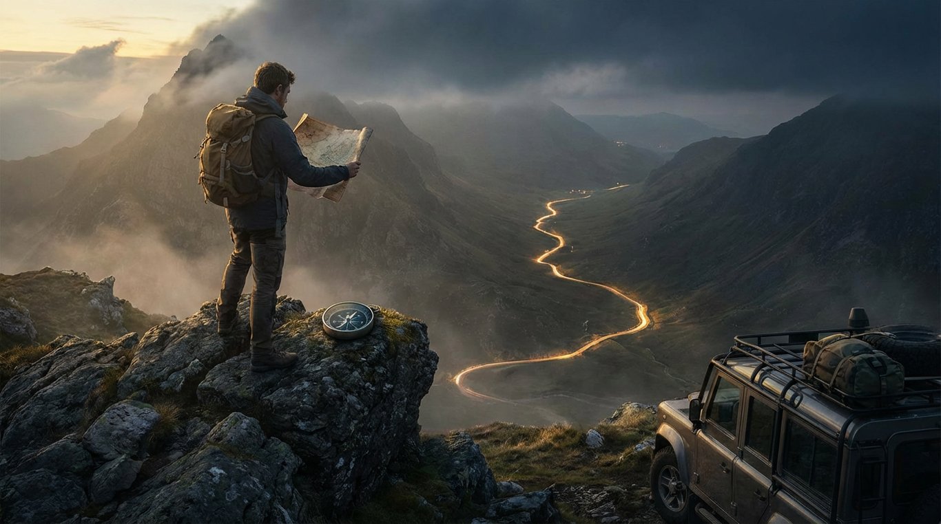 Vue esthétique d'un carnet de voyage, une carte vintage, un appareil photo et une tasse de café sur une table en bois