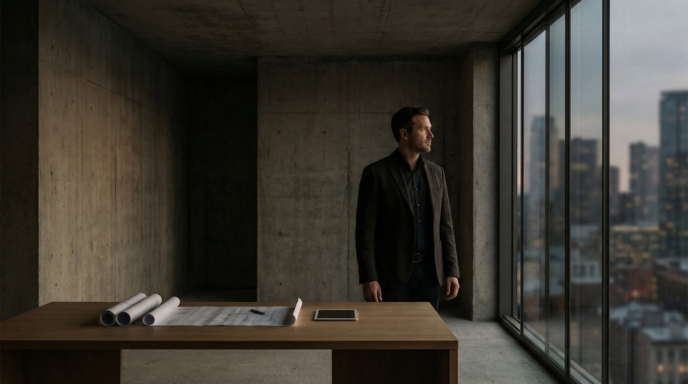 Portrait en noir et blanc d'Alexandre Dupuis, architecte principal, visage avec trait jaune barré sur les yeux