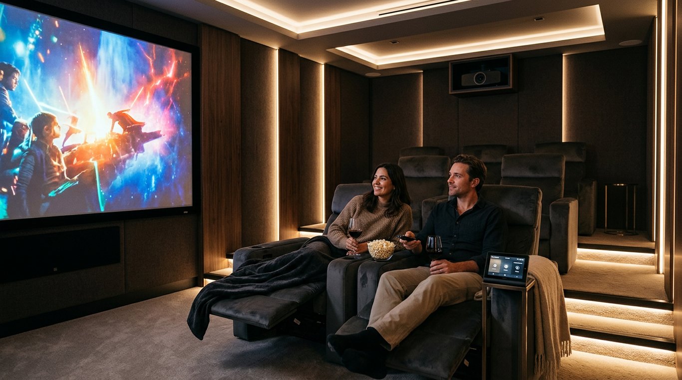Salle à manger avec système audio encastré et éclairage d'ambiance programmable