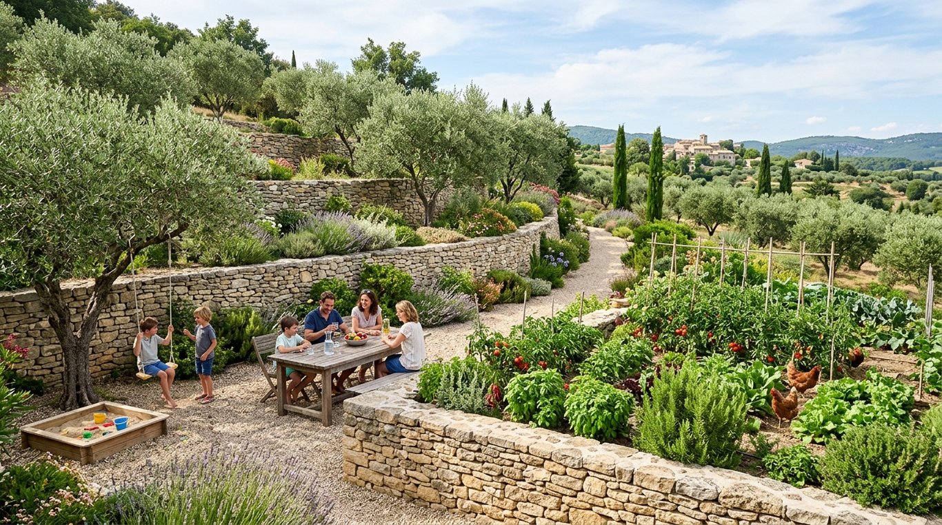 Jardin familial avec pergola et potager en permaculture