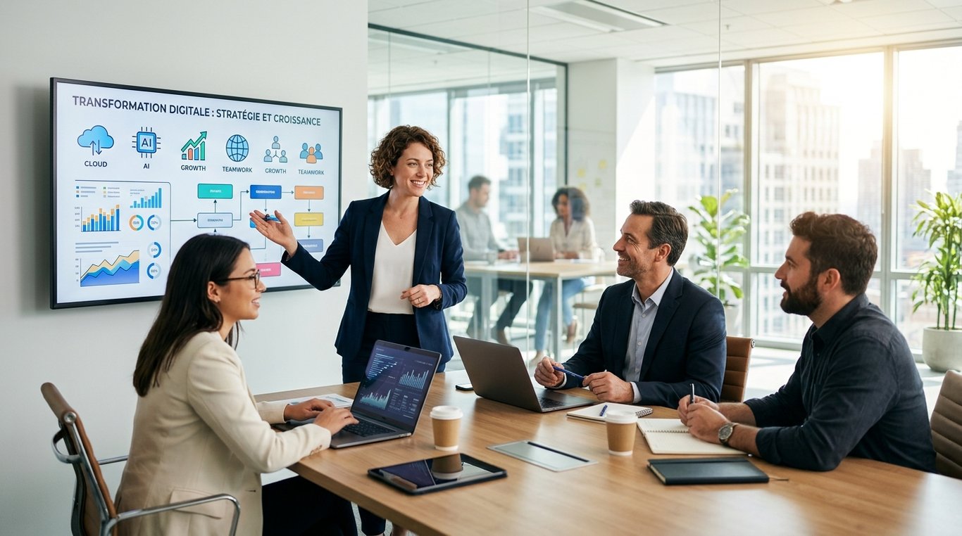 Illustration 3D isométrique d'un écosystème d'entreprise connecté avec engrenages et graphiques