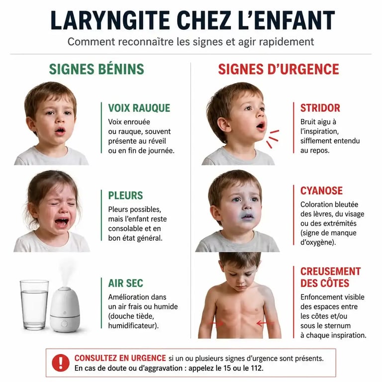 Infographie comparant les symptômes bénins et les signes d'urgence quand un bébé a la voix enrouée