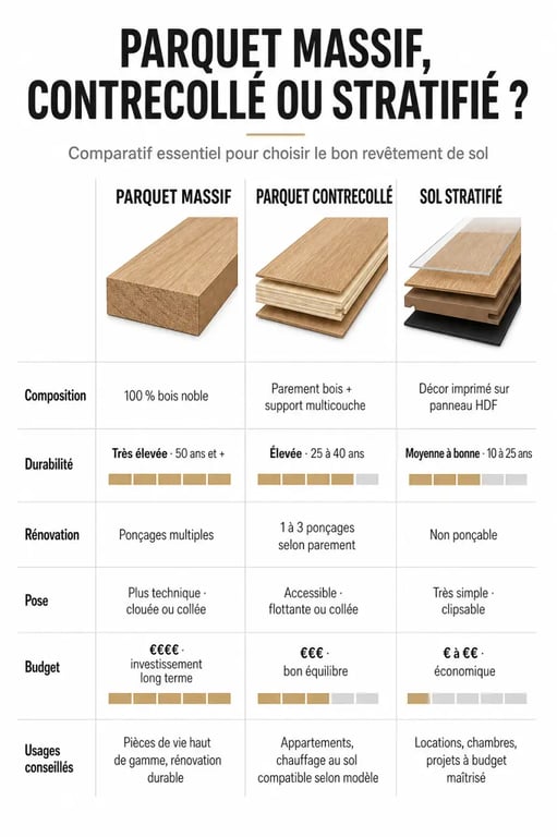 Comparatif des different parquet : massif, contrecollé et stratifié