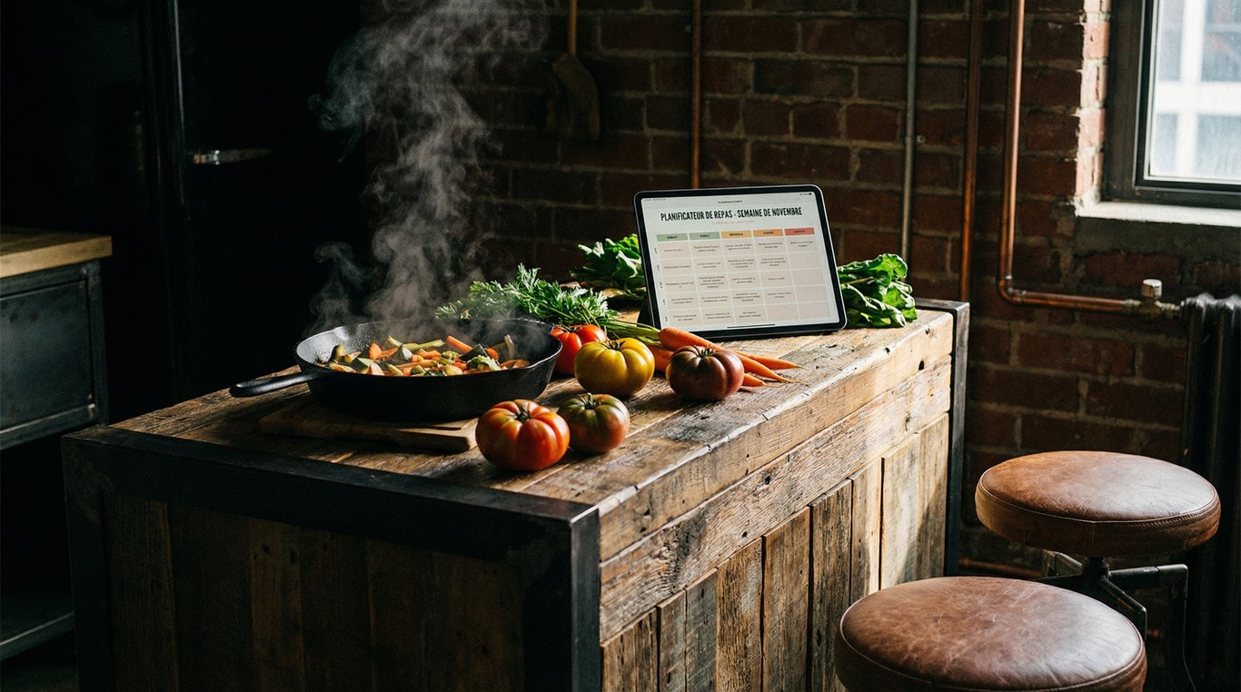 Plan de travail industriel avec poêle en fonte et tablette planificateur de repas