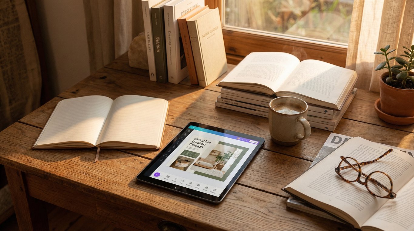 Une tasse de thé fumante posée sur une table en bois à côté d'un carnet ouvert et de jouets d'enfants en bois en arrière-plan flou