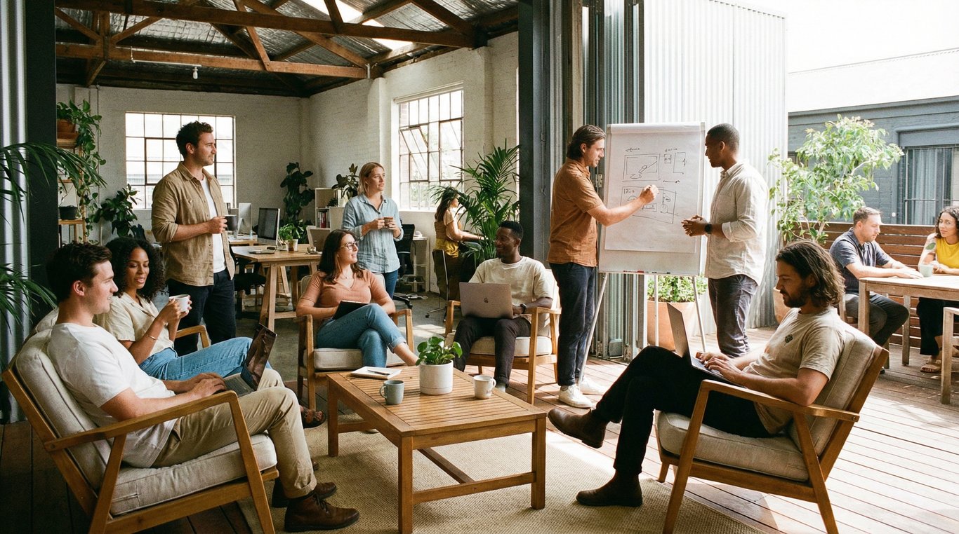 Moodboard posé sur une table en bois clair avec échantillons de tissus, croquis de mode et palettes de couleurs terreuses