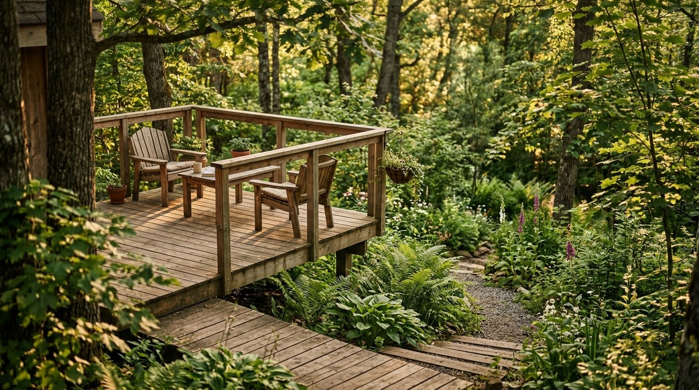 Jardin naturel avec terrasse en bois