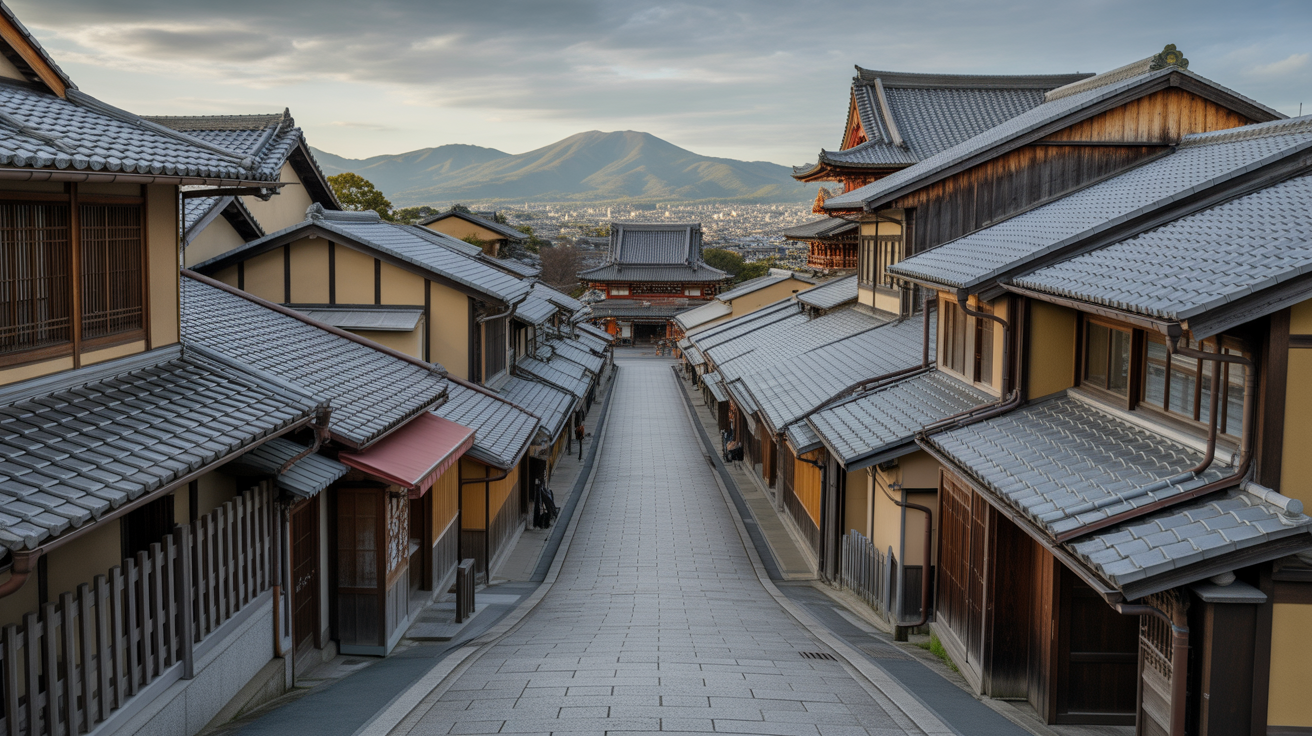 Ruelle traditionnelle de Kyoto sous la pluie fine, lanternes rouges allumées, reflet sur les pavés