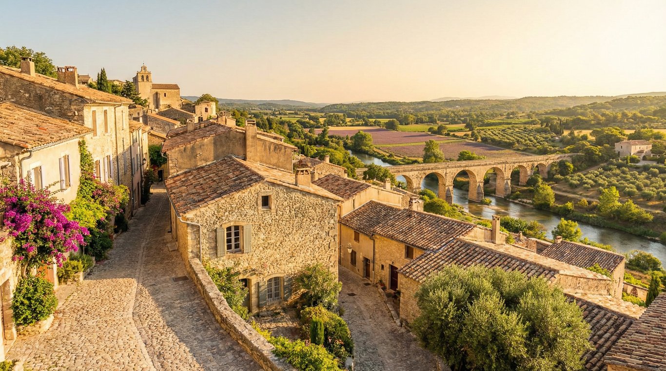 Lavandes en fleurs sous un ciel bleu en Provence avec village ancien en arrière-plan