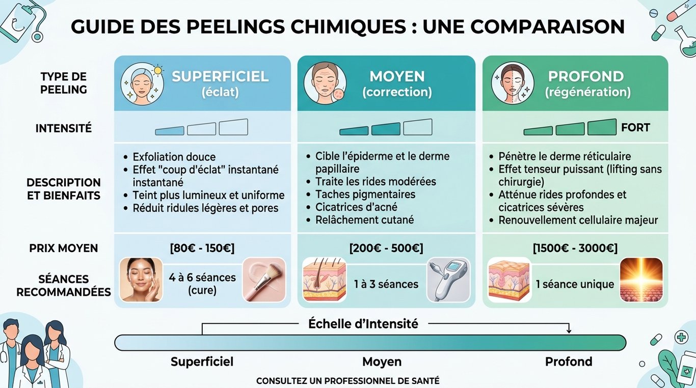 Infographie comparative des types de peelings visage, prix et intensité
