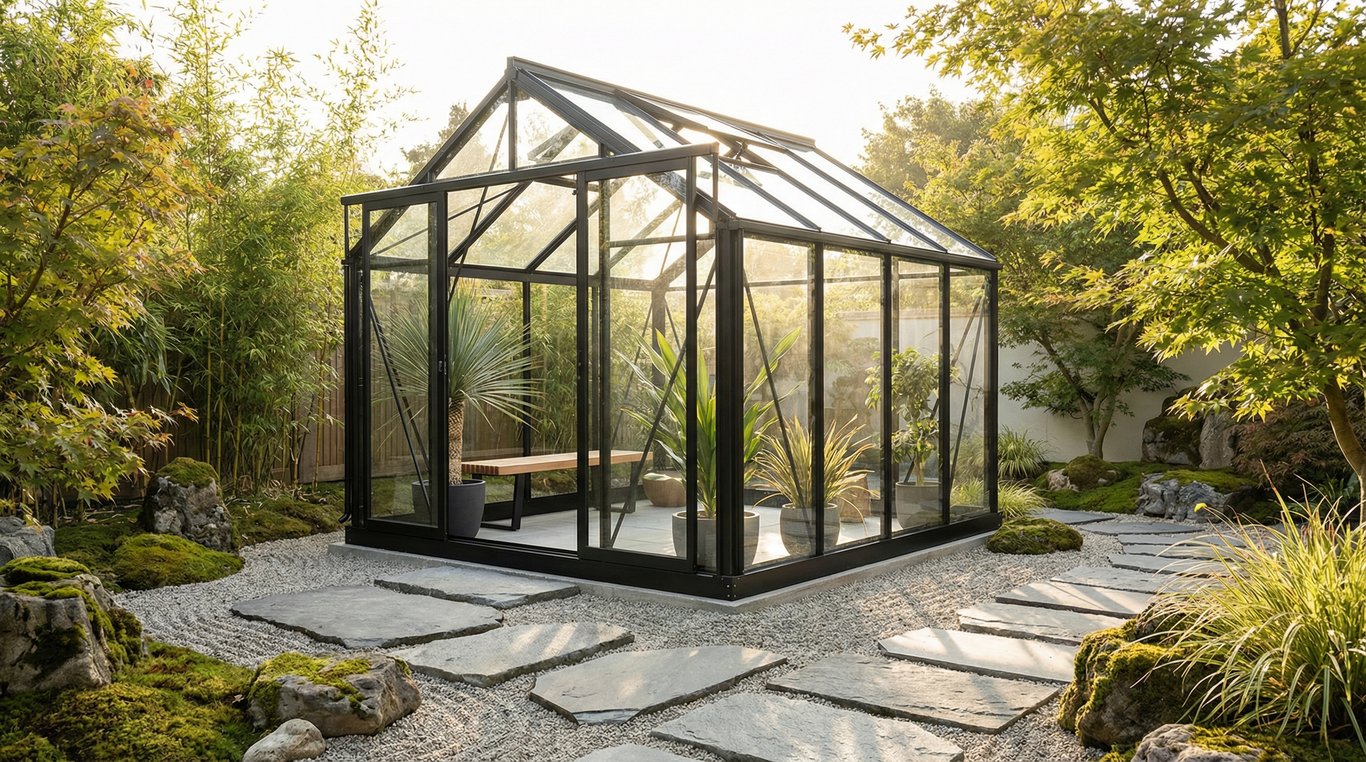 Photo après avec serre moderne et jardin zen aménagé