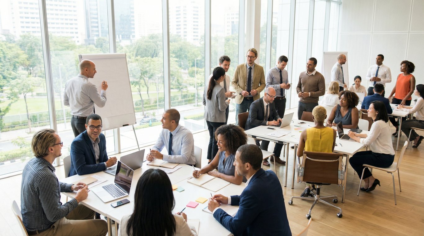 Intérieur d'une salle de réunion moderne avec baies vitrées du sol au plafond donnant sur la forêt, grande table en chêne massif, chaises ergonomiques design, esthétique épurée.