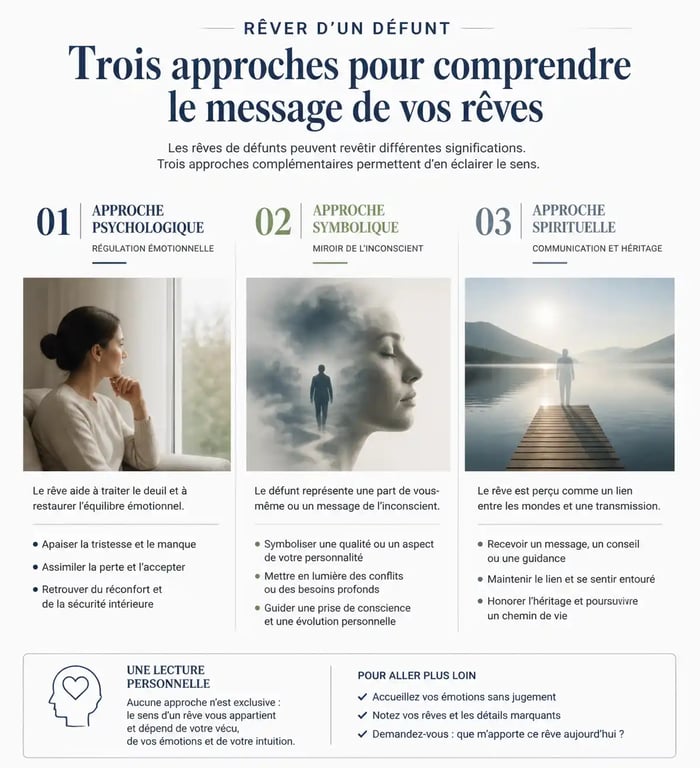 Infographie sur la signification et l'interprétation des rêves de défunts : approches psychologiques, symboliques et spirituelles.
