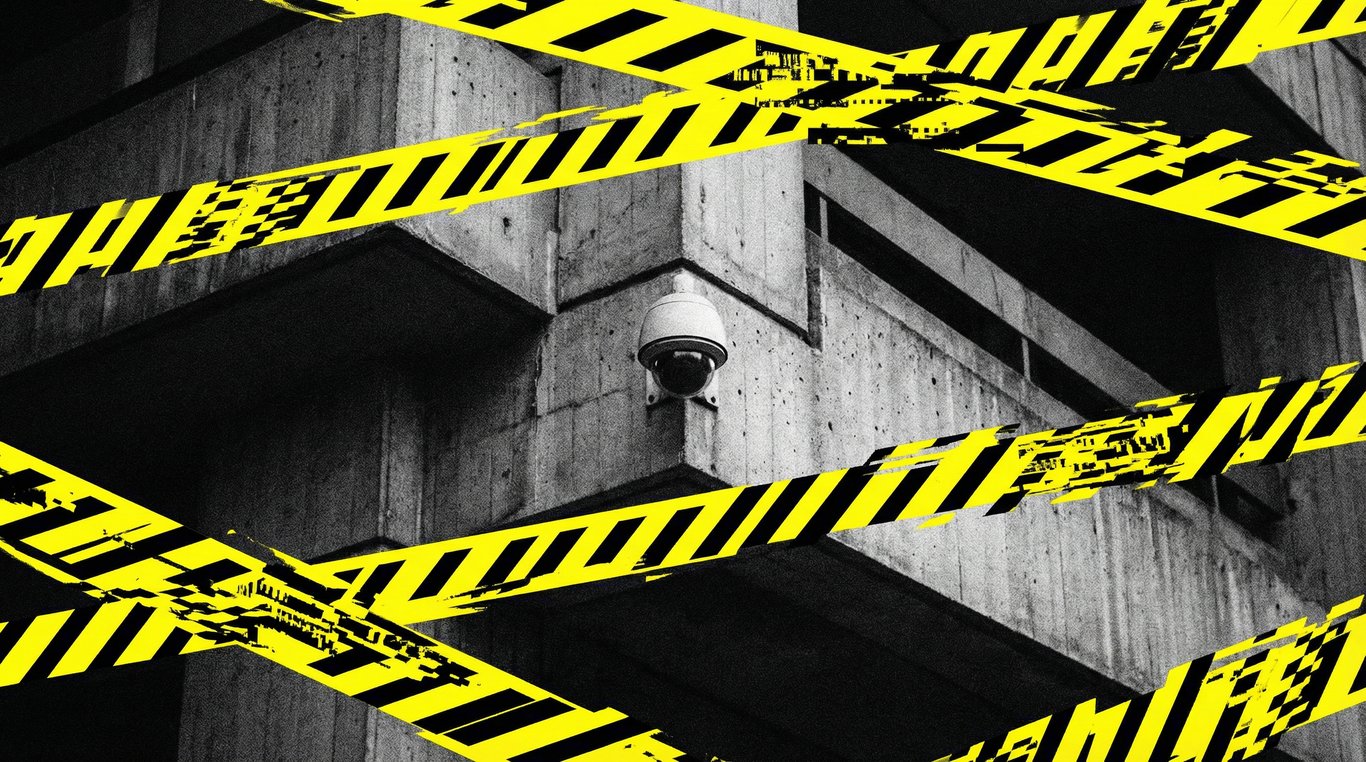 Structure en béton brutaliste avec caméra de surveillance et ruban de sécurité jaune