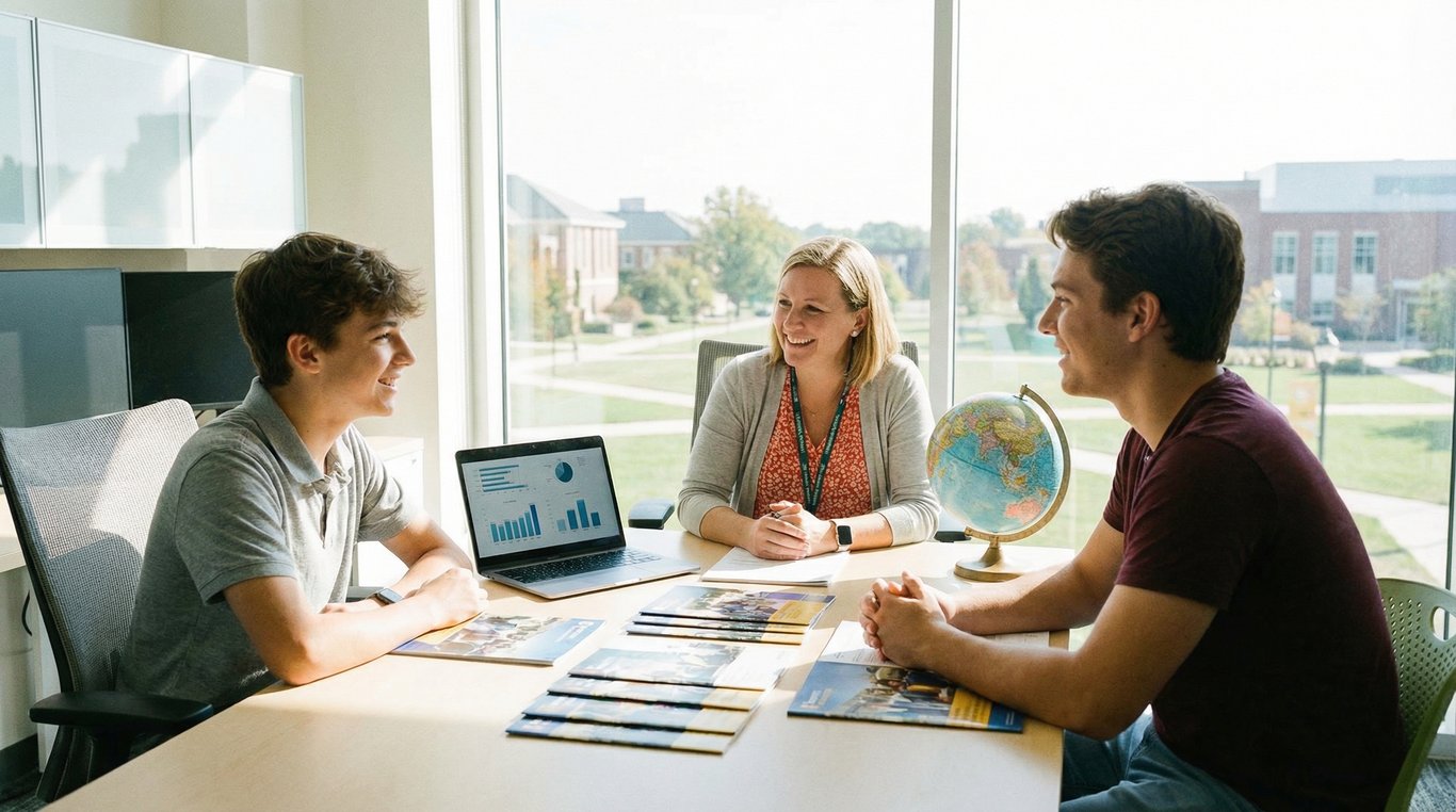 Groupe d'étudiants souriants dans une bibliothèque