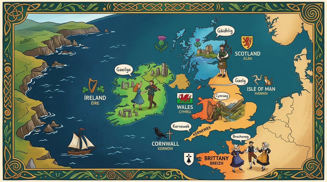 Carte illustrée des pays Celtes avec zones linguistiques et culturelles