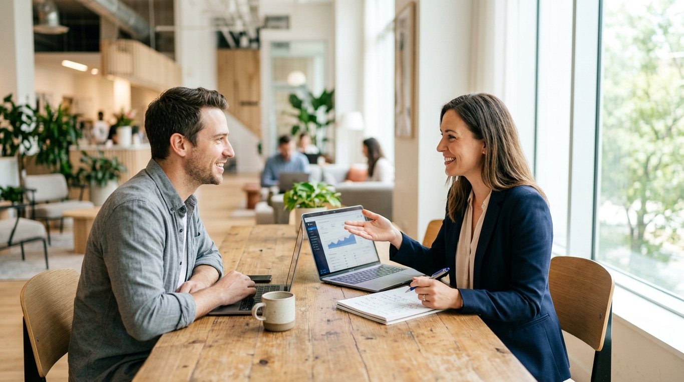 Deux professionnels discutant de manière animée devant un grand écran affichant des données de croissance, ambiance de travail collaborative et bienveillante