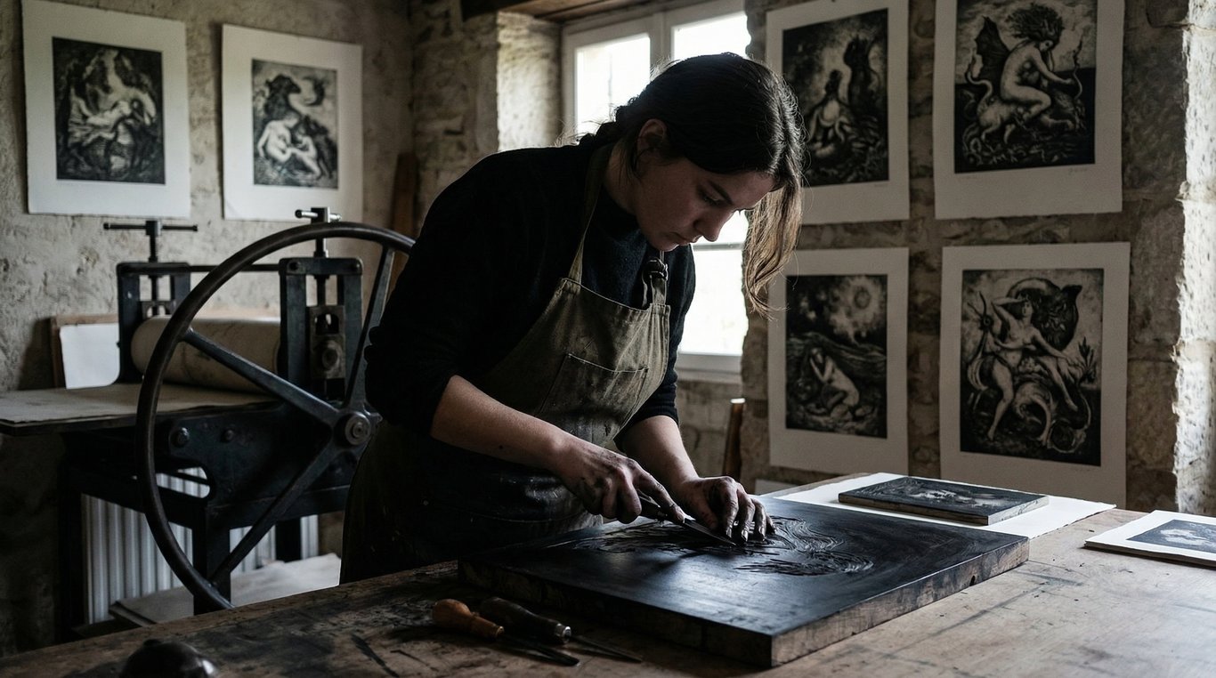 Portrait en noir et blanc de Sofia Moreau dans son studio, entourée de croquis et d’une presse à graver