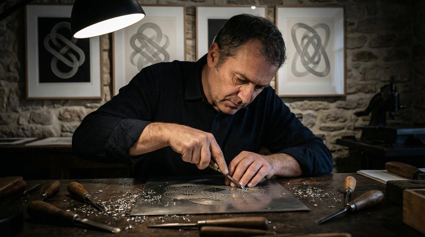 Portrait en noir et blanc de Julien Caron dans son atelier avec des plaques de cuivre gravées exposées