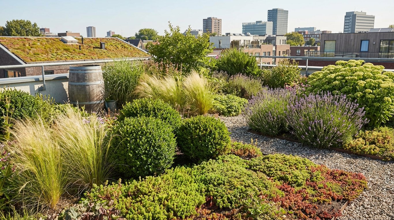 Jardin de toit urbain avec graminées, arbustes et mobilier design