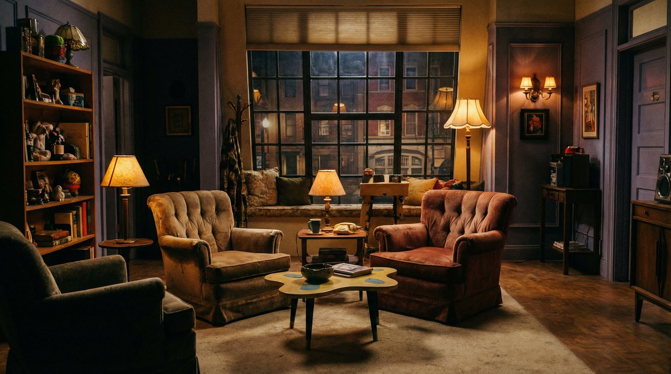 Illustration vectorielle élégante d’un appartement de sitcom new-yorkais célèbre, vue isométrique