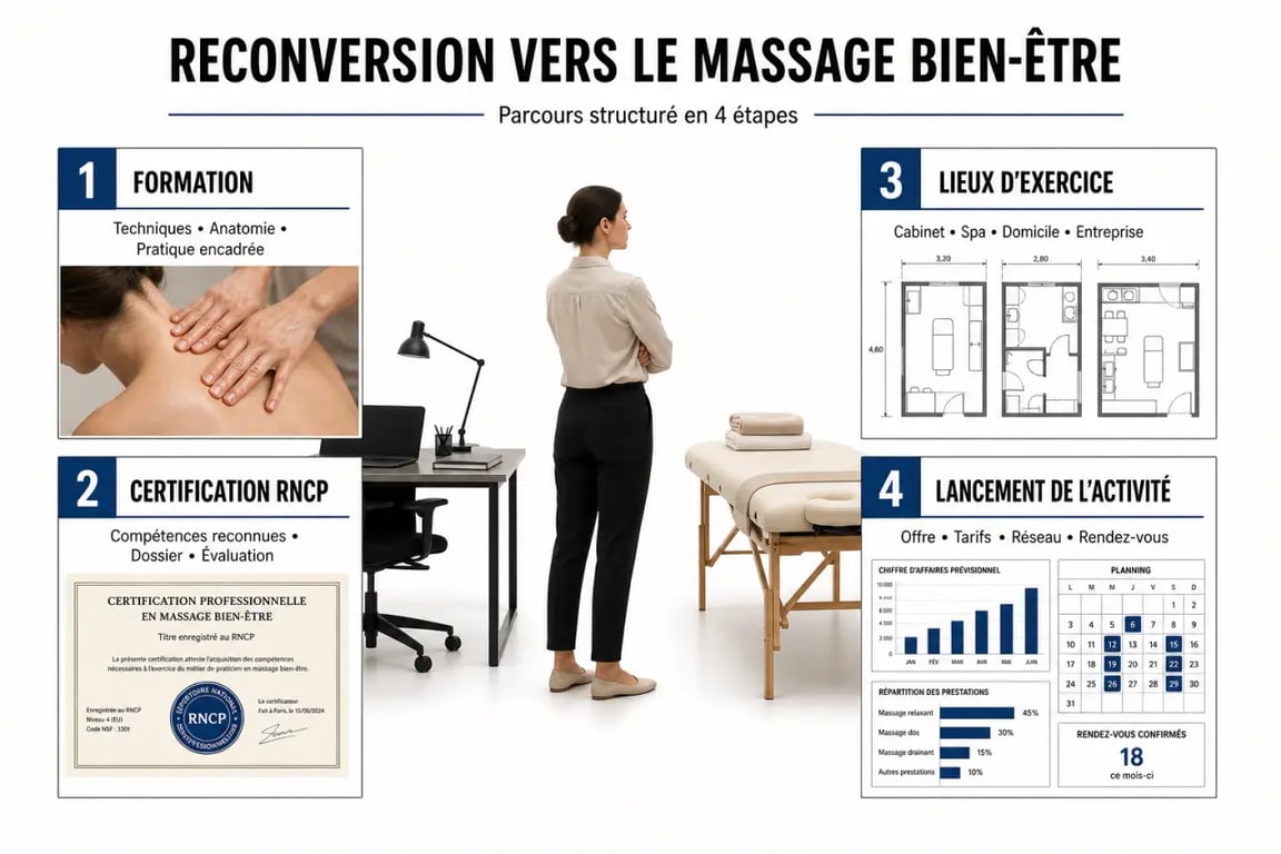 Devenir masseur bien être : parcours de reconversion, formation, certification RNCP et débuts d’activité