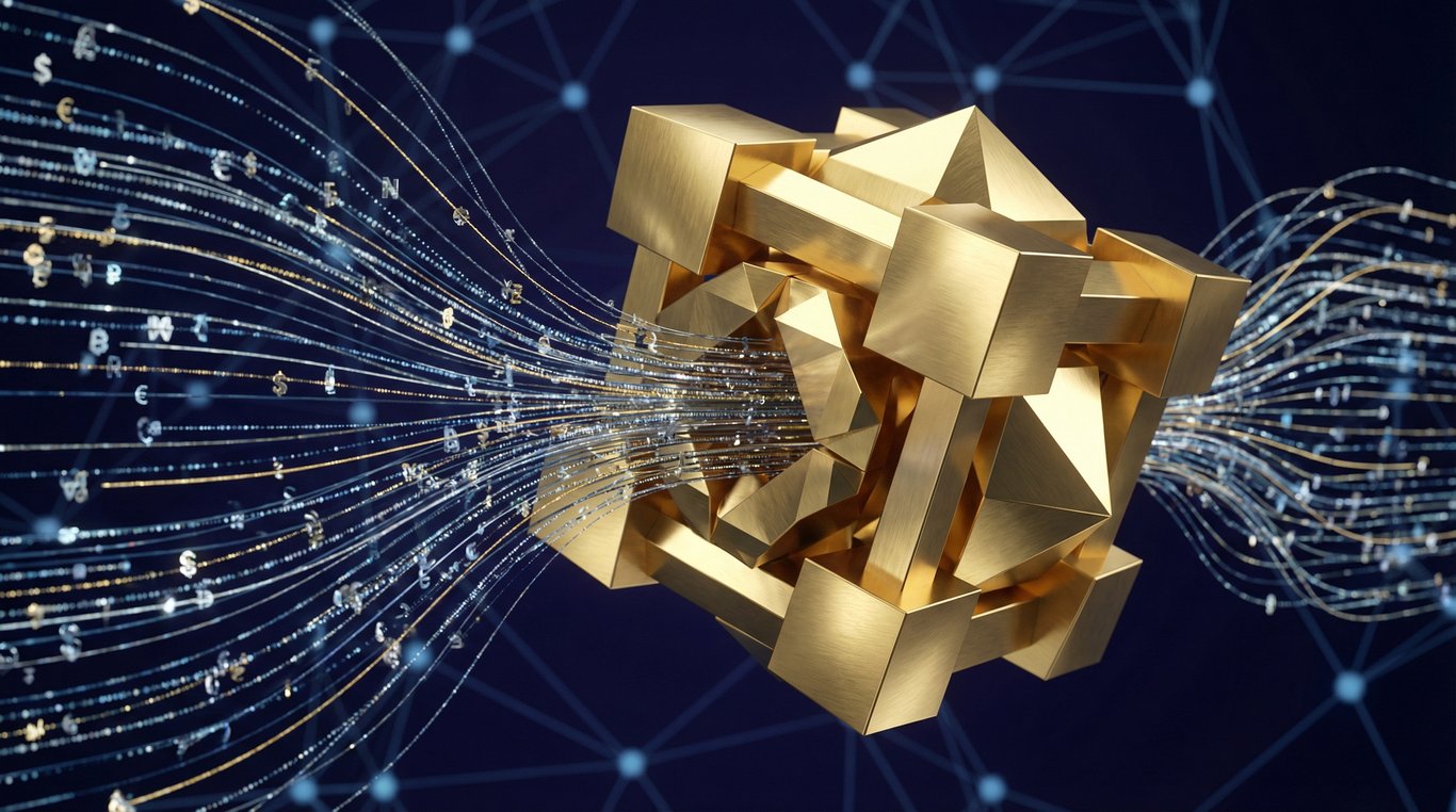 Visualisation 3D abstraite de données financières fusionnant en une structure dorée