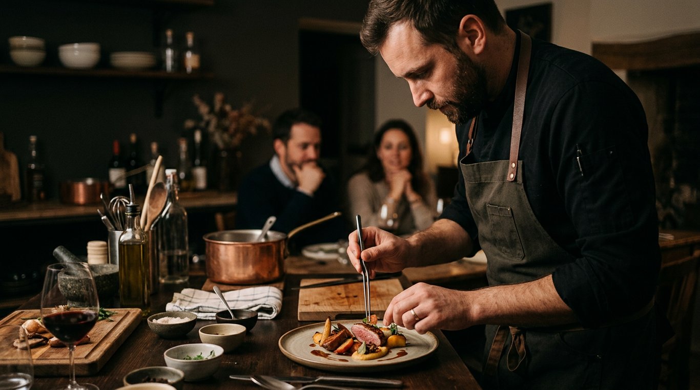 Trois petites assiettes de dégustation alignées sur une ardoise, montrant différentes techniques de dressage (sauce étirée, volume, minimalisme)