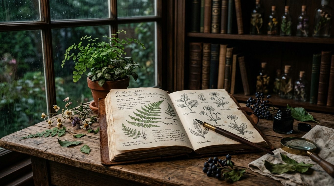 Un vieux carnet en cuir ouvert, rempli de croquis botaniques et d'annotations manuscrites, avec une fleur séchée entre les pages.