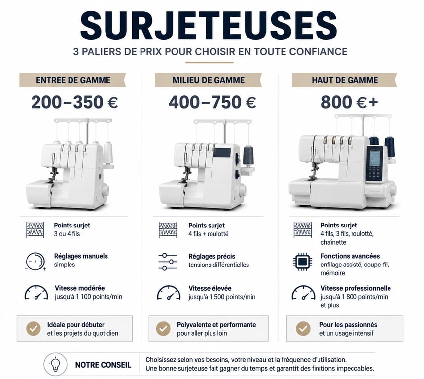 Infographie comparative des prix des surjeteuses : entrée, milieu et haut de gamme.