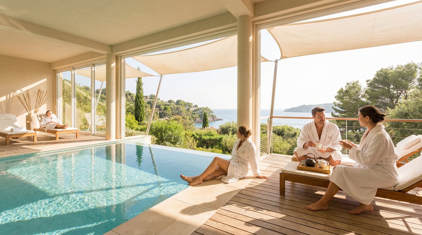 Bord de piscine à débordement minimaliste avec eau calme et serviettes blanches, atmosphère zen