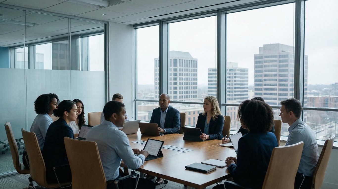 Réunion de conseil d'administration dans une salle vitrée moderne avec graphiques financiers projetés