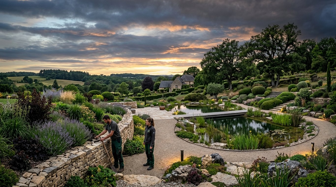 Photographie d'un jardin paysager luxueux à l'heure dorée