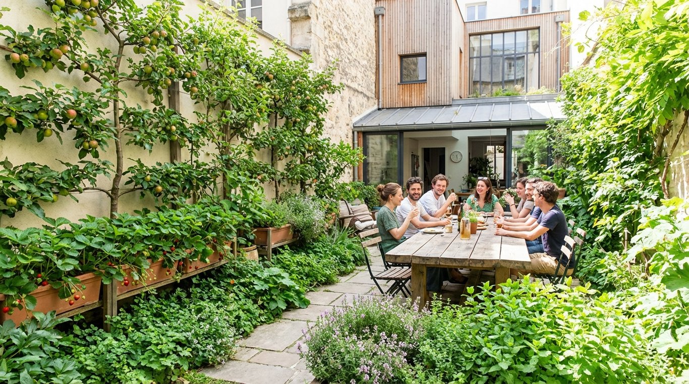 Cour intérieure avec arbres fruitiers et tapis de plantes basses