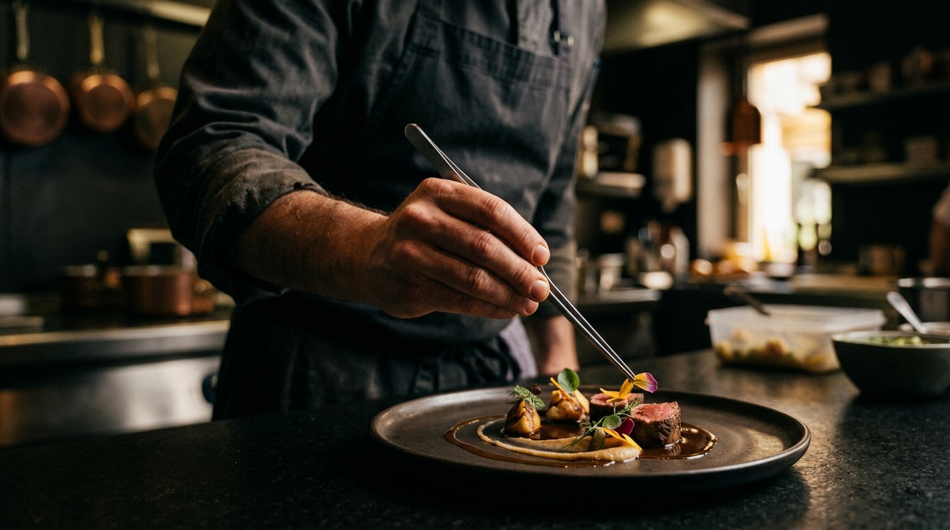 Détail d'une sauce onctueuse versée sur un plat gastronomique