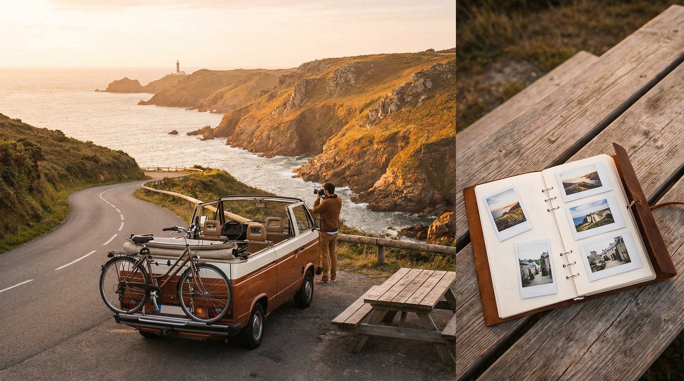 Phare de la Presqu'île de Crozon sous un ciel lumineux, entouré de landes sauvages