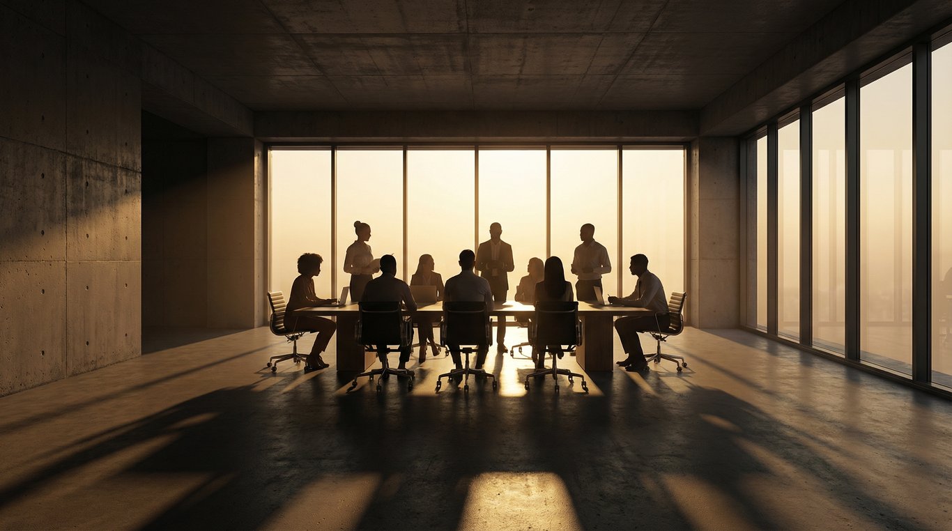 Bureau d'architecte minimaliste, plans éparpillés sur une table en verre, ambiance froide et clinique, contraste élevé